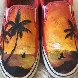 Hand Painted Sunset Bobs Red Memory Foam Sneakers